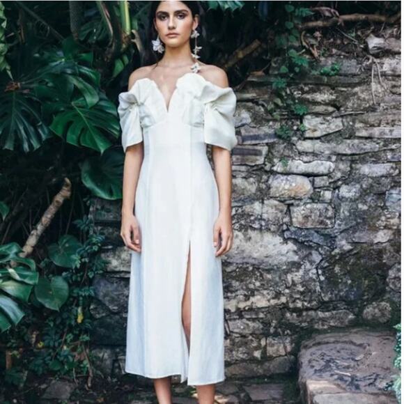 NWT Cult Gaia Muna Puff Sleeve Raw Edge Linen Cream Midi Dress 2 - Picture 1 of 9